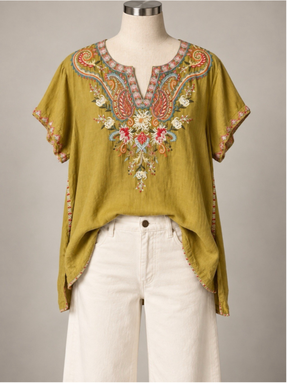 Johnny Was Top Tikal Swing Blouse Embroidered Tunic Chartreuse Green XL EUC! - Picture 7 of 7